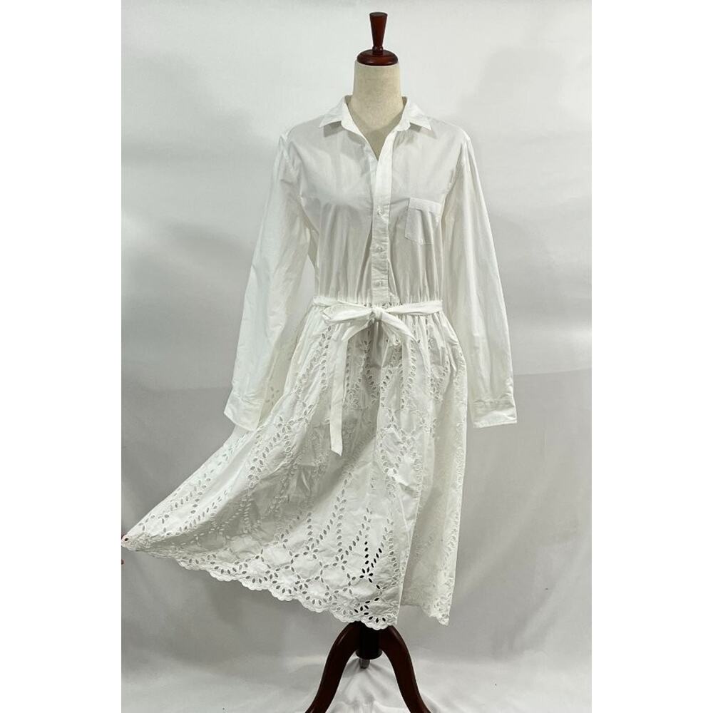 FRANK & EILEEN Sz L Large Embroidered Eyelet Grace Midi Shirt Dress - Picture 7 of 15